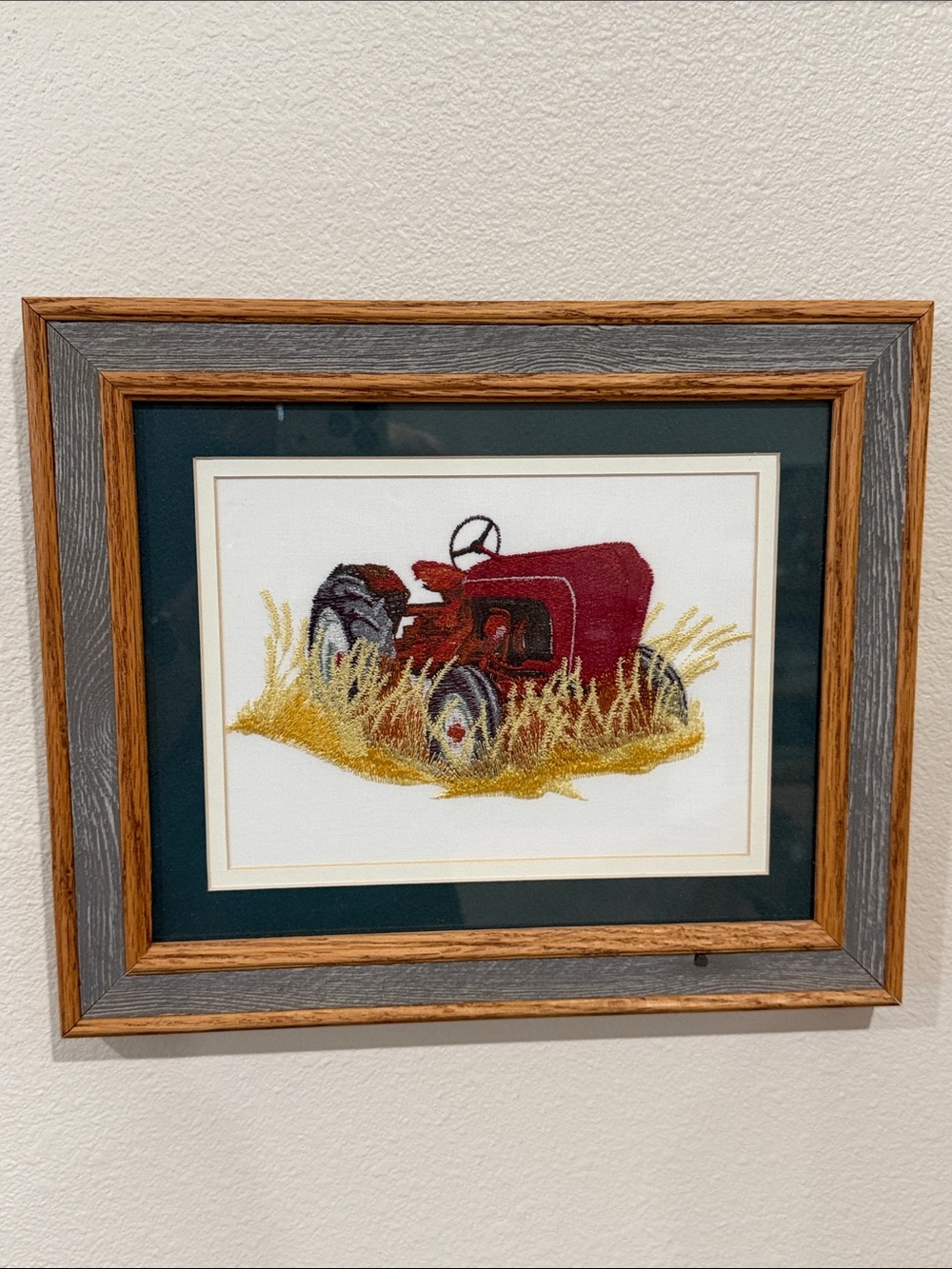 Vtg Needlepoint Embroidered Red Tractor Crewel Barn wood Frame Wall Hanging